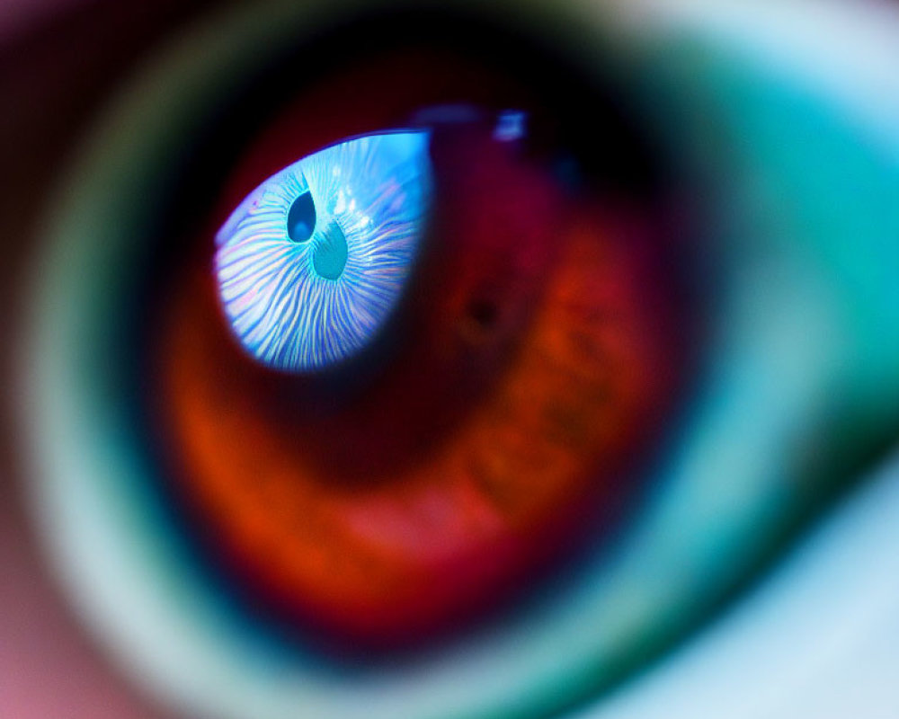 Detailed image of a dilated human eye with multicolored reflections