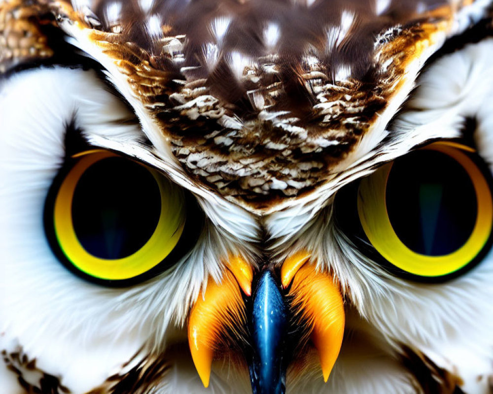 Detailed close-up of owl's face with large yellow eyes and sharp beak