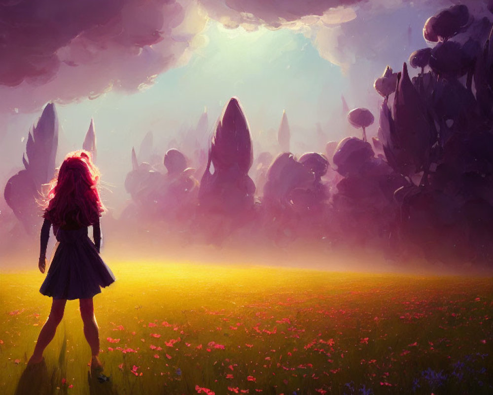 Pink-haired girl in vibrant meadow at sunset with fantastical rock formations