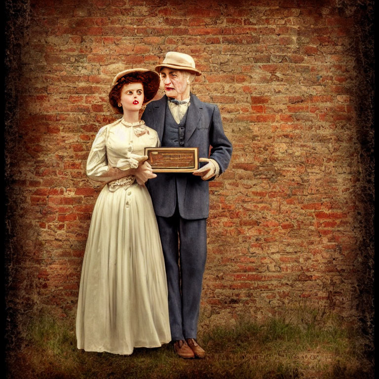 Vintage-styled couple in front of a brick wall with woman in white dress and man in suit holding