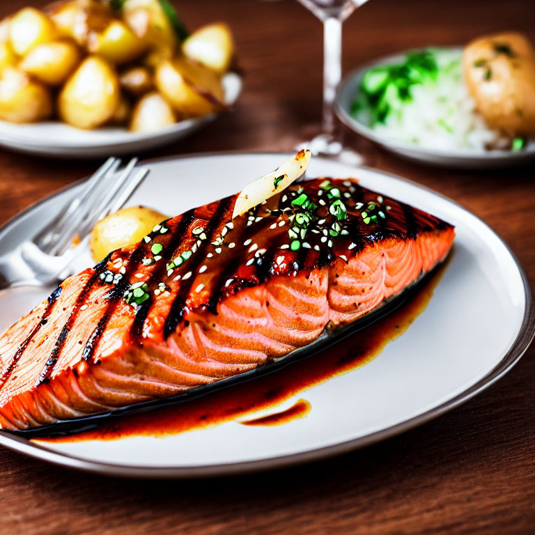 Sesame Seed and Herb Garnished Grilled Salmon Fillet with Rice and Roasted Potatoes