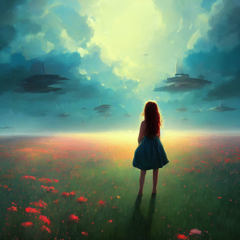 Girl in Blue Dress Surrounded by Red Flowers in Sunset Landscape