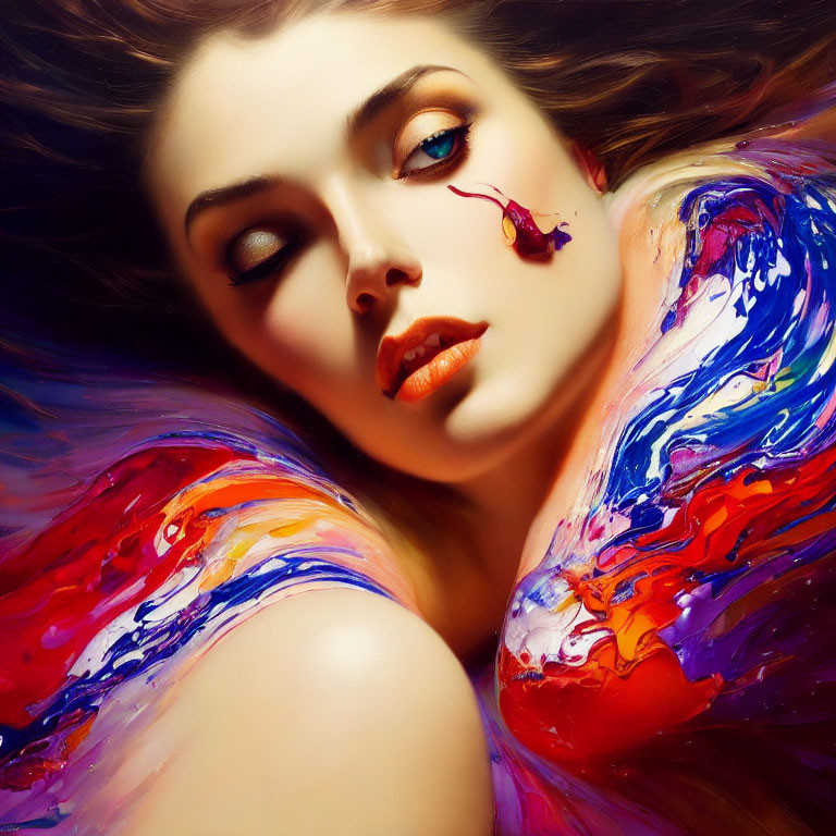 Colorful portrait of a woman with vibrant paint swirls