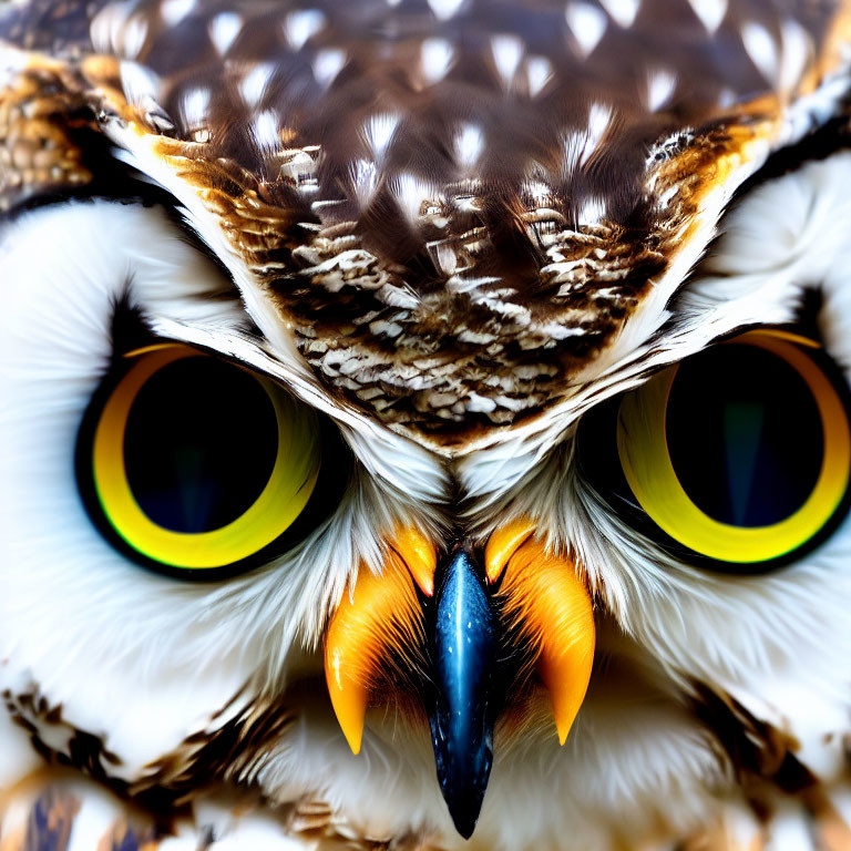 Detailed close-up of owl's face with large yellow eyes and sharp beak