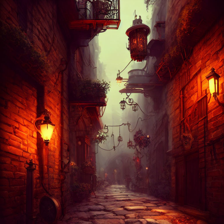 Cobblestoned alley with brick buildings, balconies, plants, and lanterns