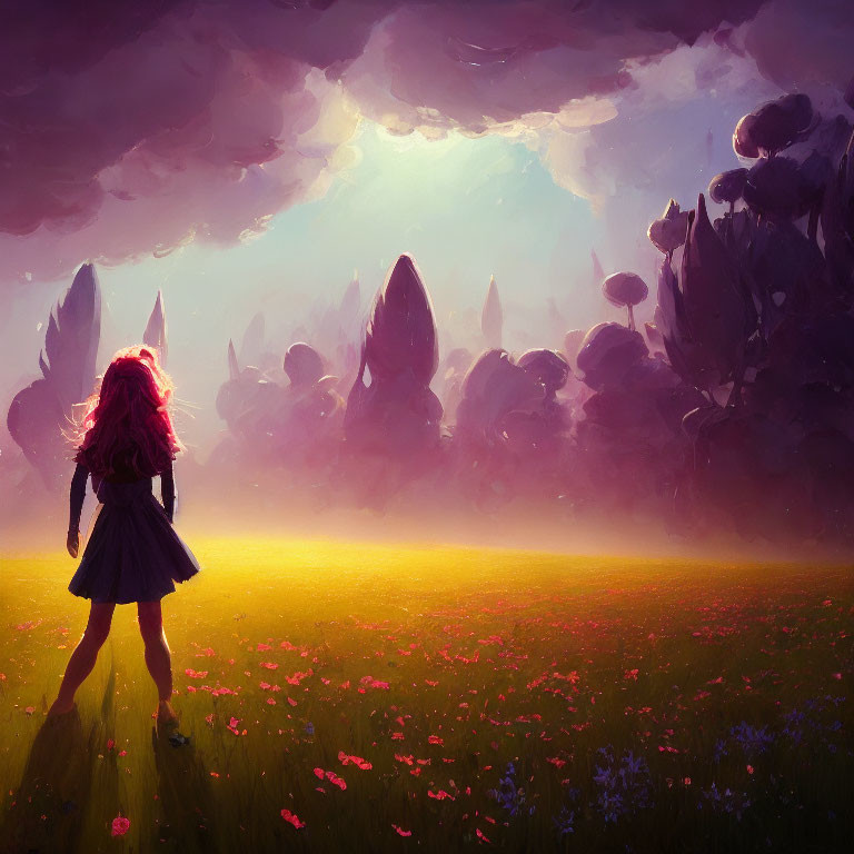 Pink-haired girl in vibrant meadow at sunset with fantastical rock formations