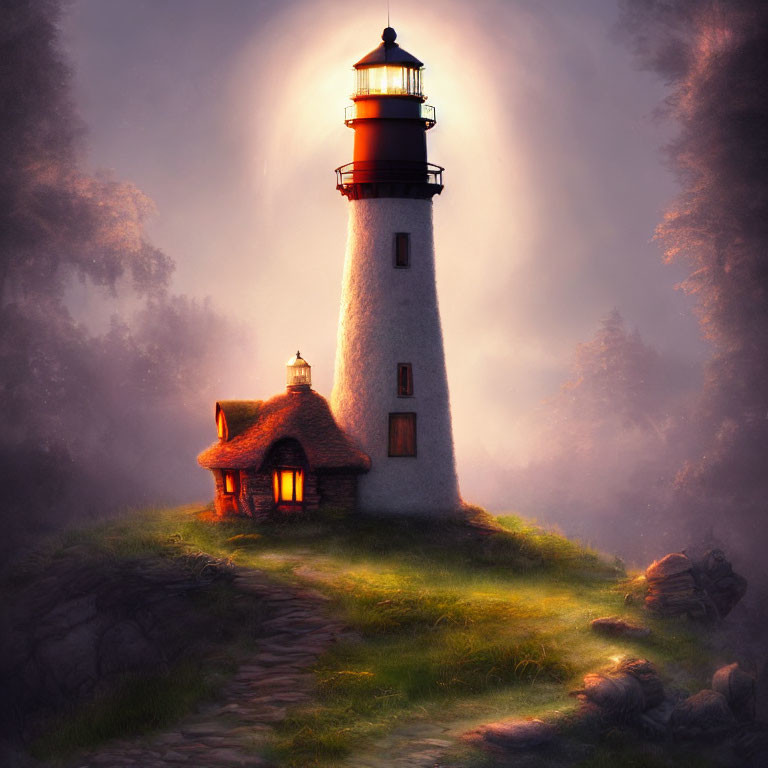 Twilight scene: Misty glade with picturesque lighthouse and warm cottage glow