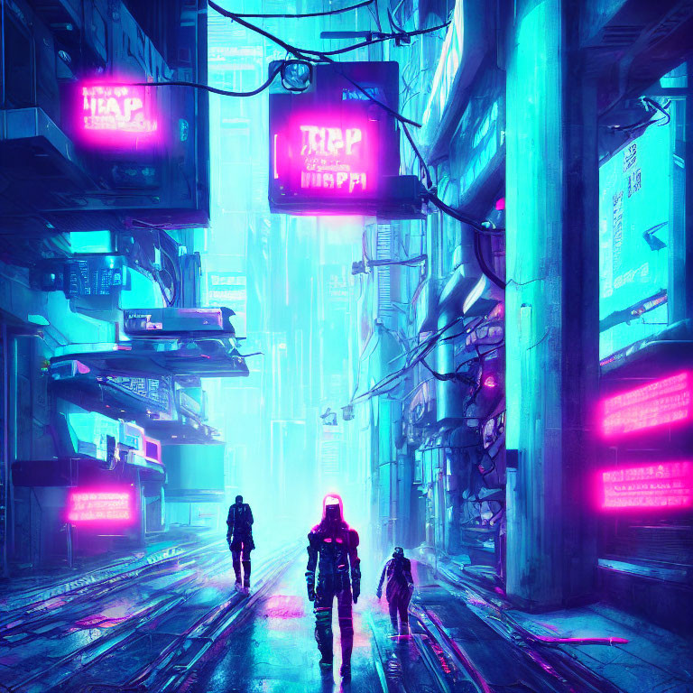 Silhouetted Figures in Neon-lit Cyberpunk Cityscape