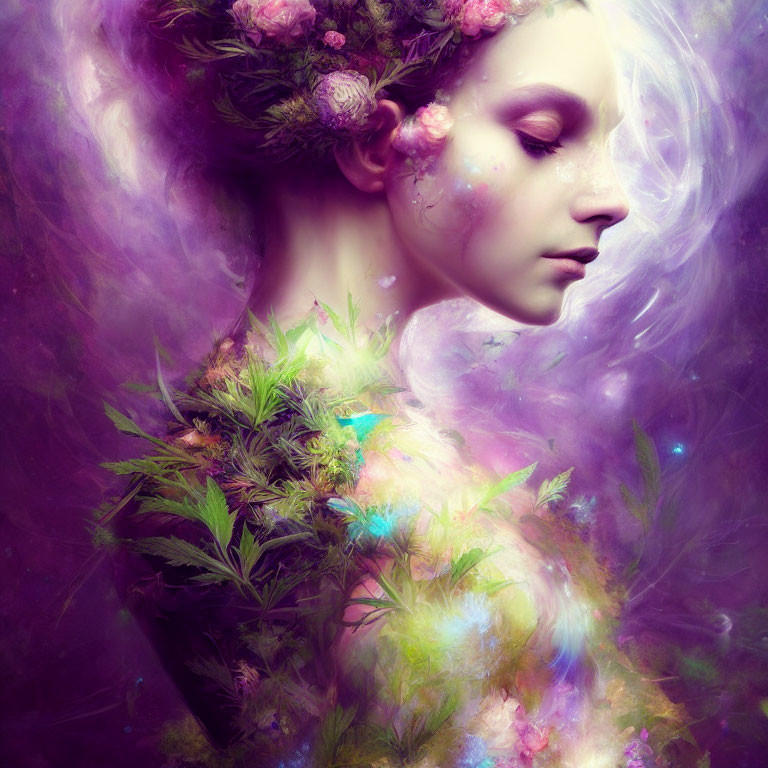 Surreal portrait of person with floral headpiece and cosmic background