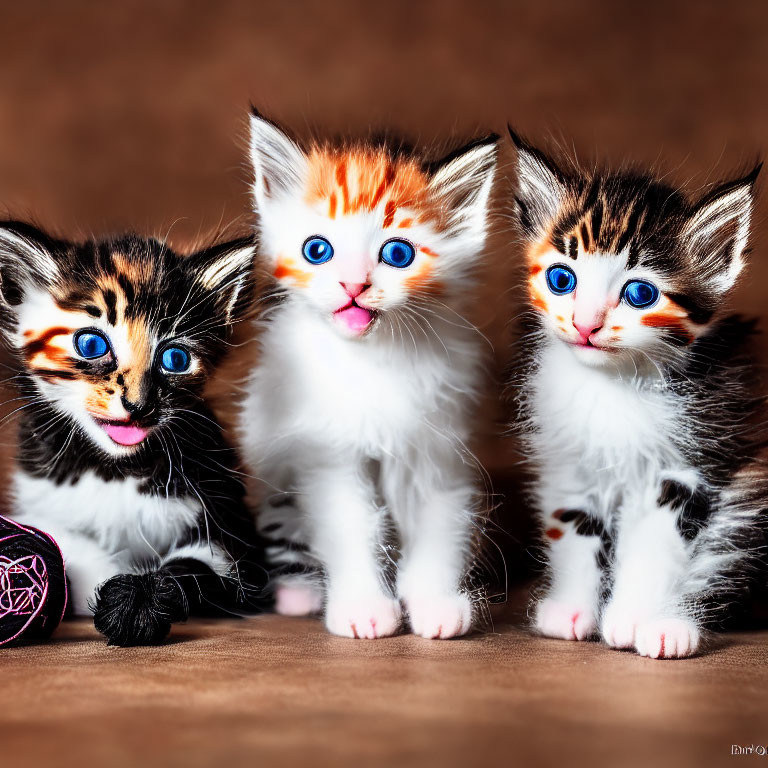 Three Kittens with Unique Fur Patterns and Bright Eyes Posing Together