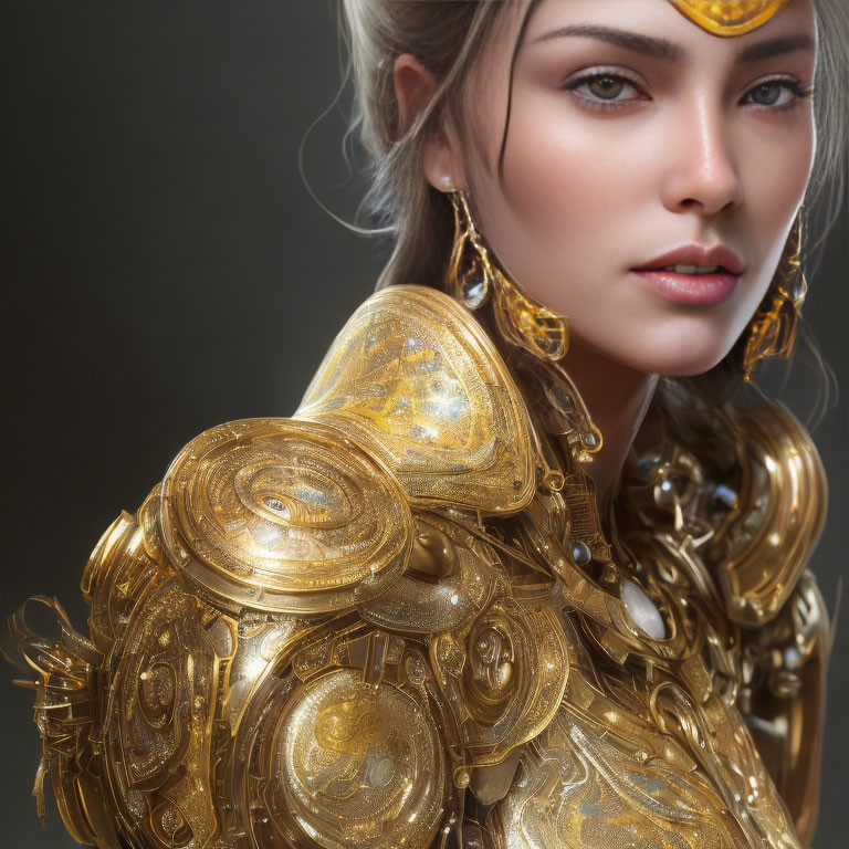 Elaborate Gold Shoulder Armor and Headpiece on Confident Woman