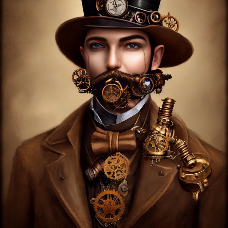 Steampunk-themed portrait of a man with mechanical mustache and arm