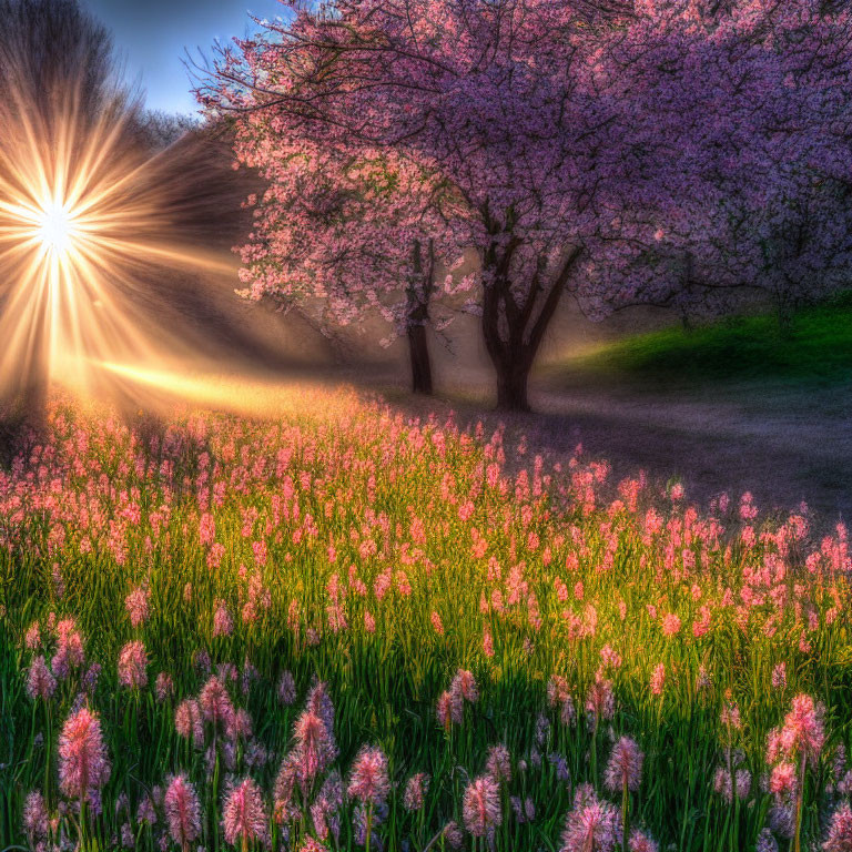 Sunbeams through cherry blossoms in vibrant spring scene