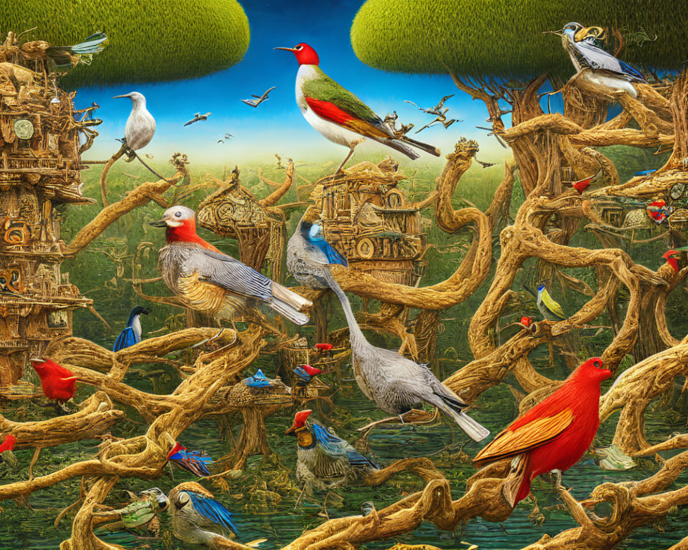 Colorful bird and treehouse art with surreal aquatic backdrop