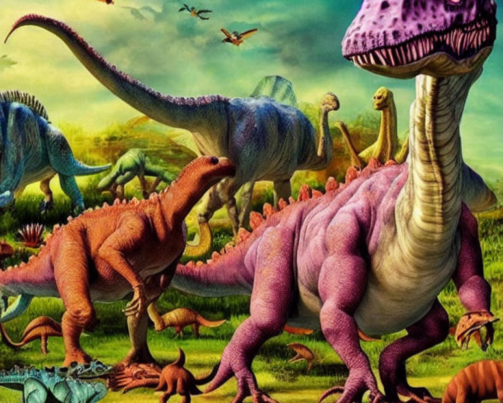 Colorful dinosaur scene with T-Rex and Brachiosaurs in lush landscape