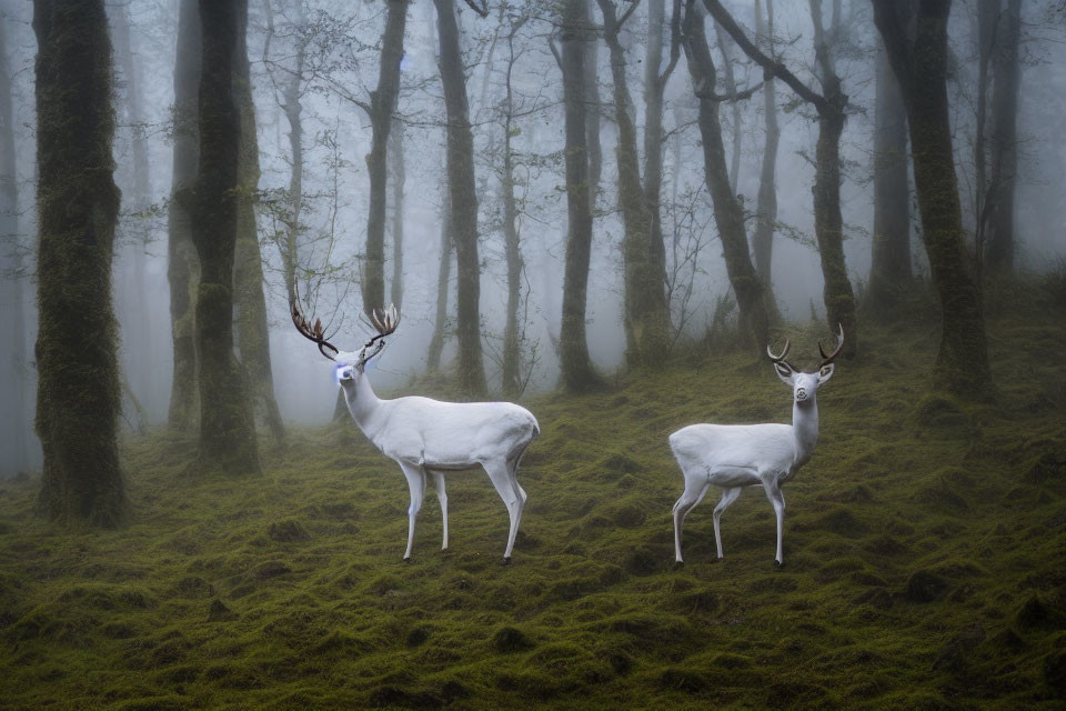 White deer in misty forest with bare trees and fog