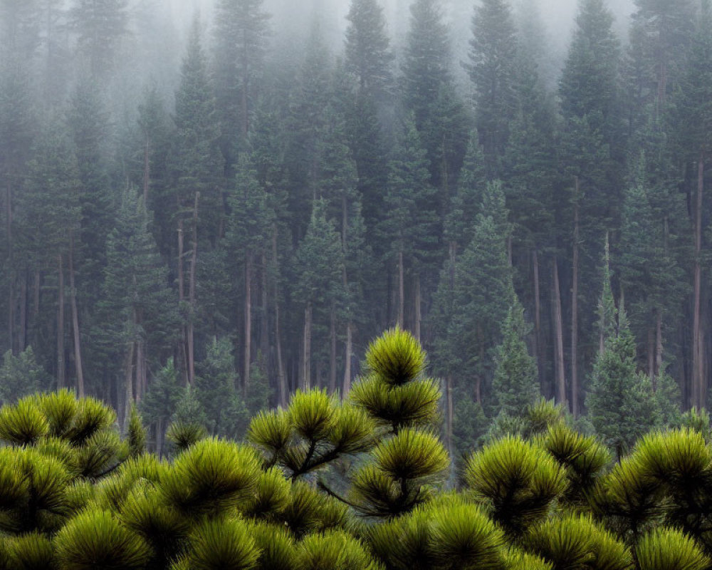 Misty forest with tall pine trees and green foliage