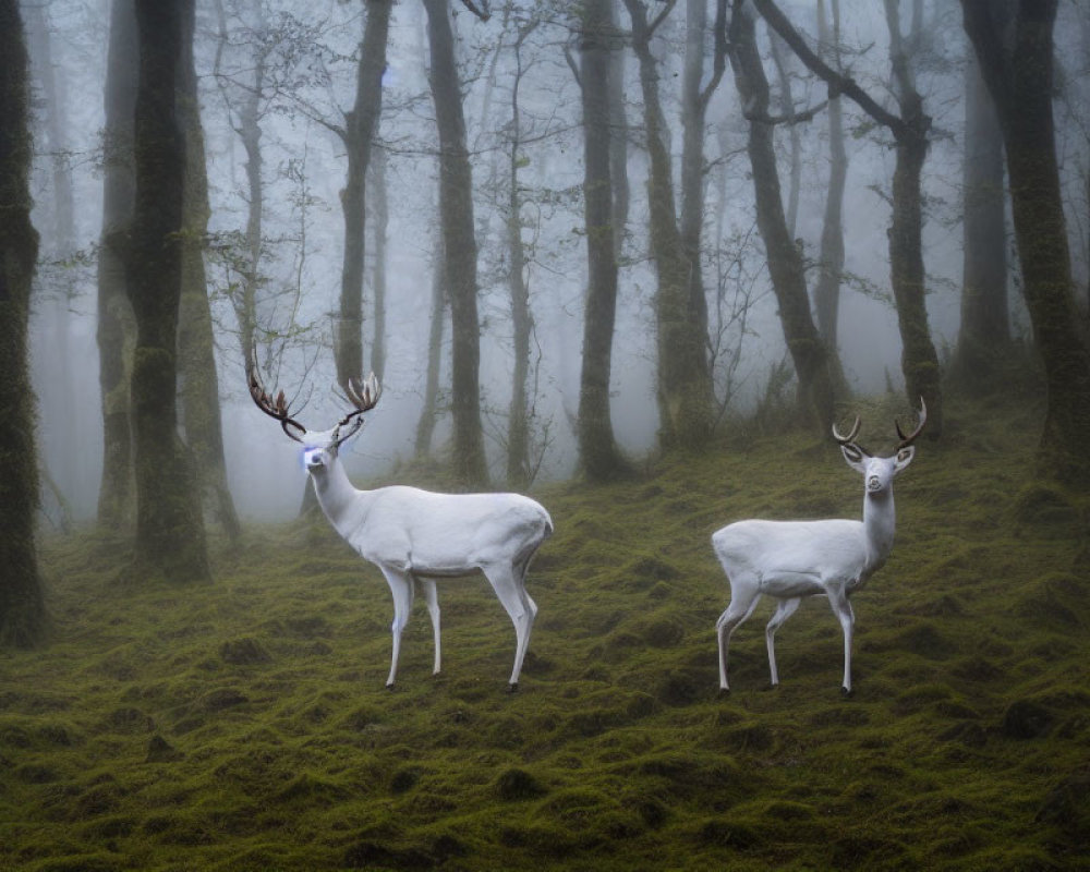 White deer in misty forest with bare trees and fog