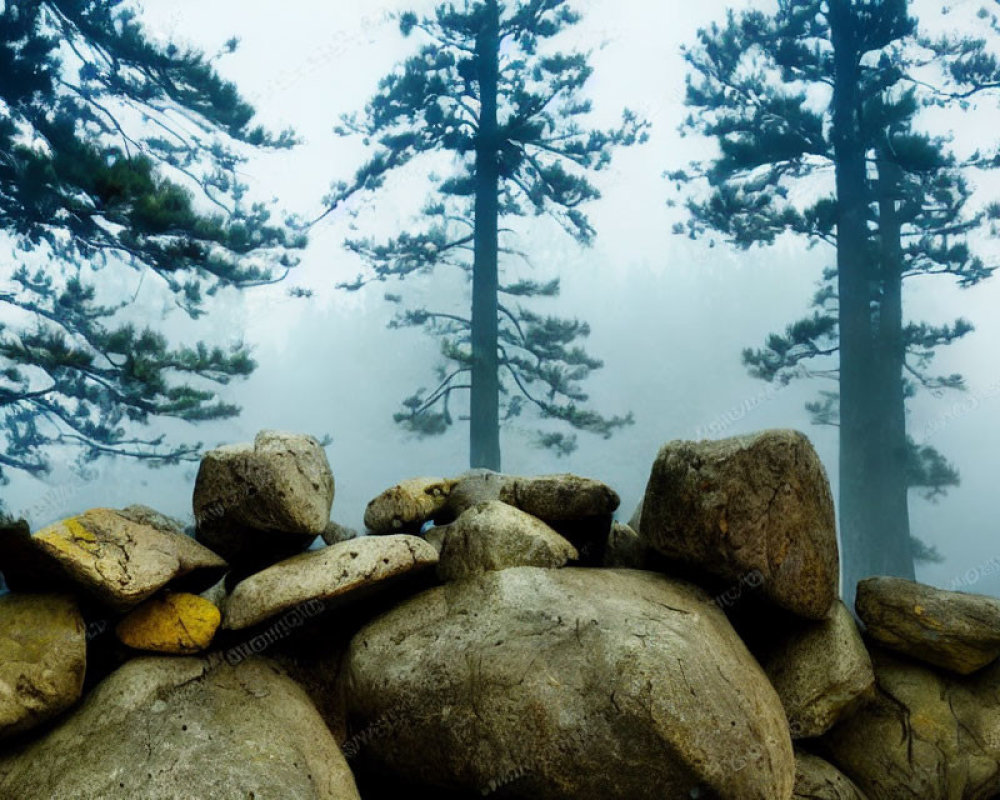 Misty forest with tall pine trees and large boulders