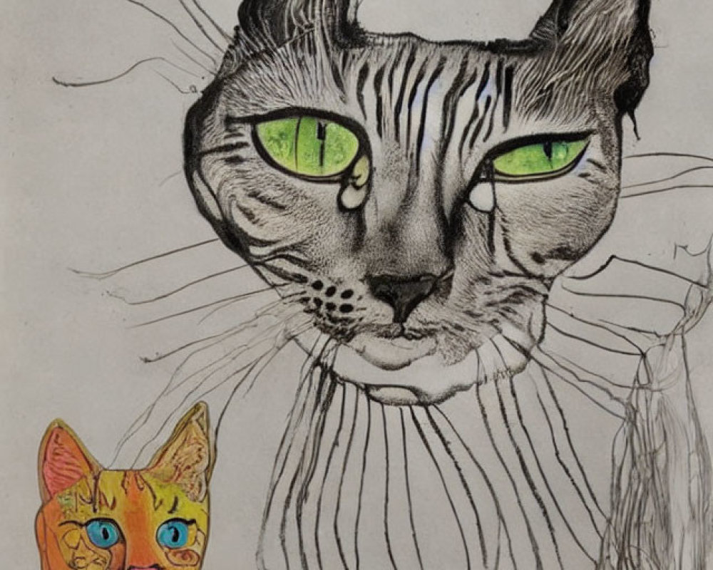 Stylized drawing of two cats with human-like eyes, one in grayscale with green eyes, and