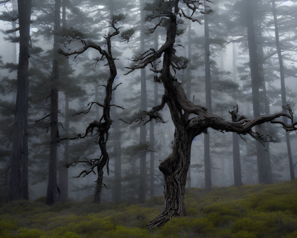 Misty forest scene with gnarled tree and tall pines