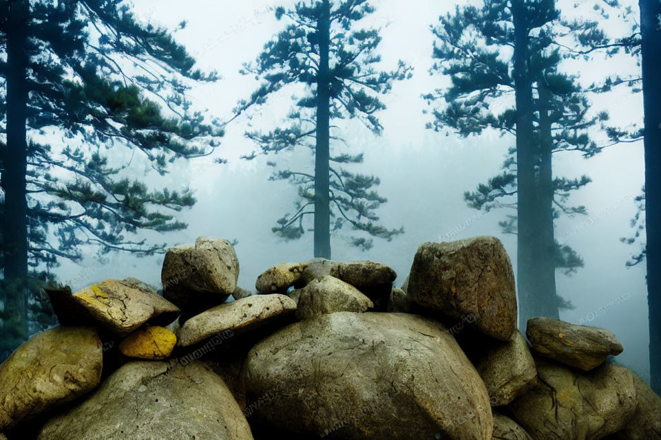 Misty forest with tall pine trees and large boulders