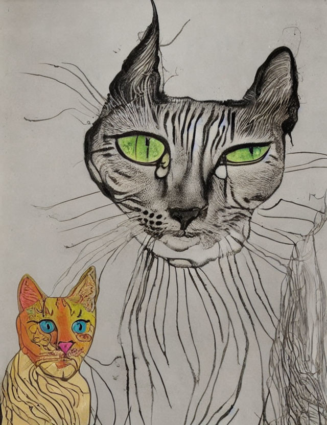 Stylized drawing of two cats with human-like eyes, one in grayscale with green eyes, and