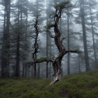 Misty forest scene with gnarled tree and tall pines