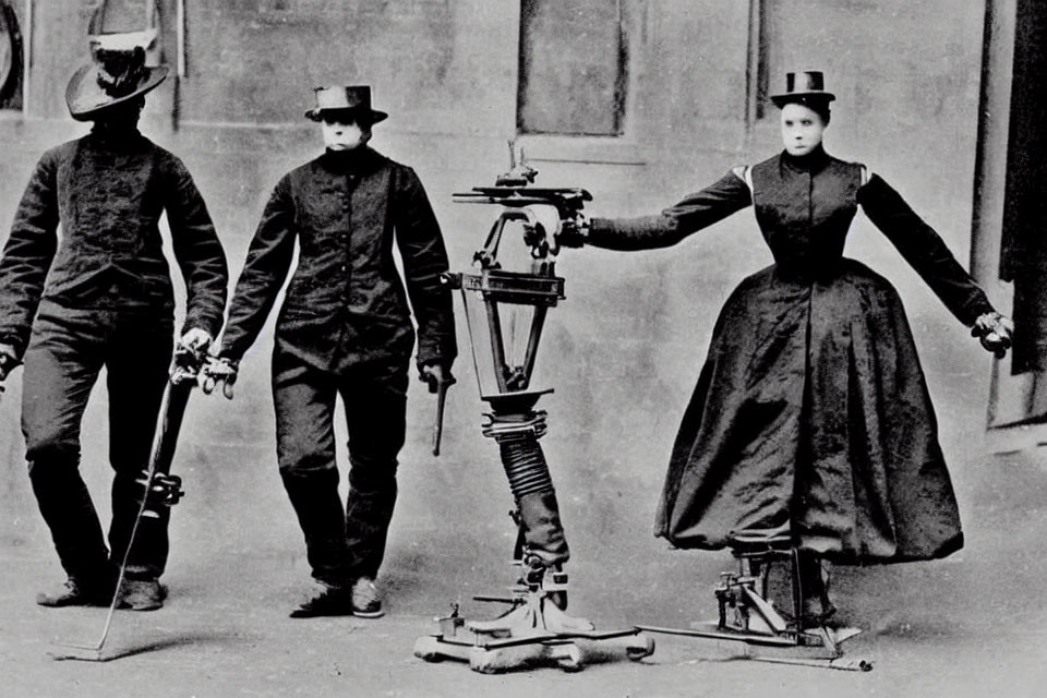 Vintage Attire Individuals Pose on Walking Contraption for Early Animation Effect