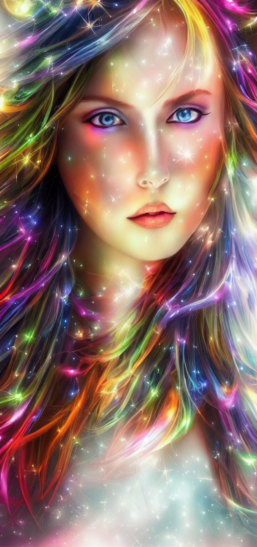 Colorful digital portrait of a woman with multicolored hair and eyes in cosmic setting