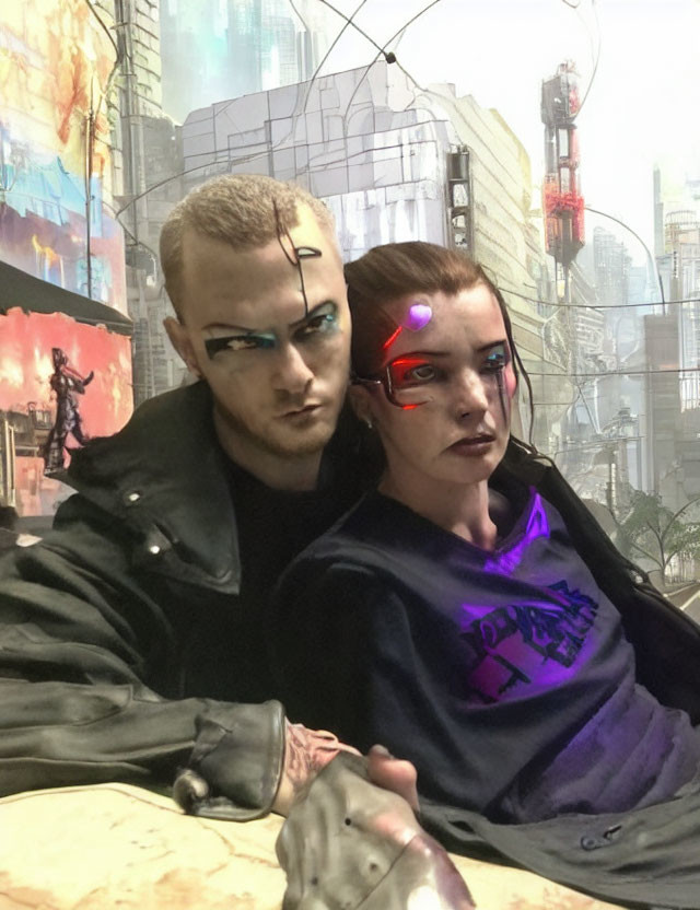 Futuristic cybernetic face enhancements in urban dystopian setting