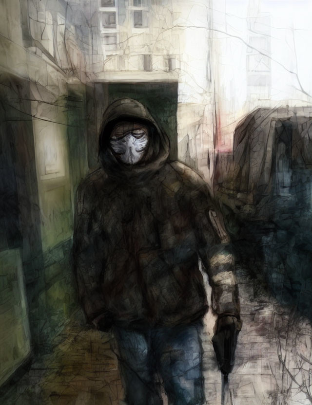 Hooded figure with obscured face in eerie alleyway scene