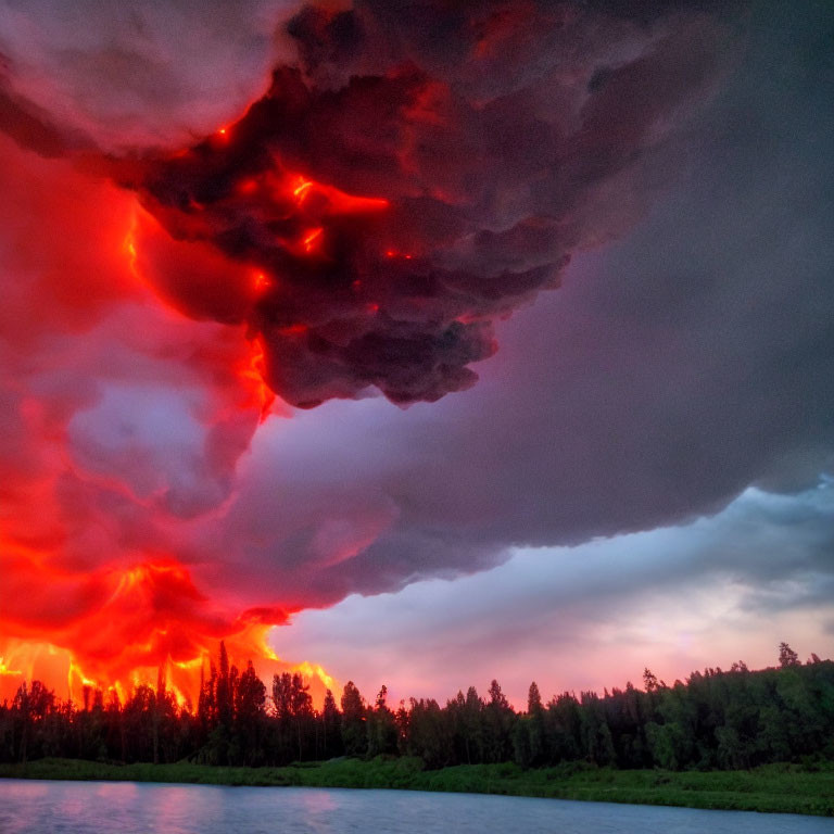 Dramatic storm cloud over serene river and forest landscape at sunset