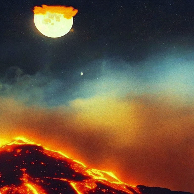 Volcanic eruption under full moon night sky