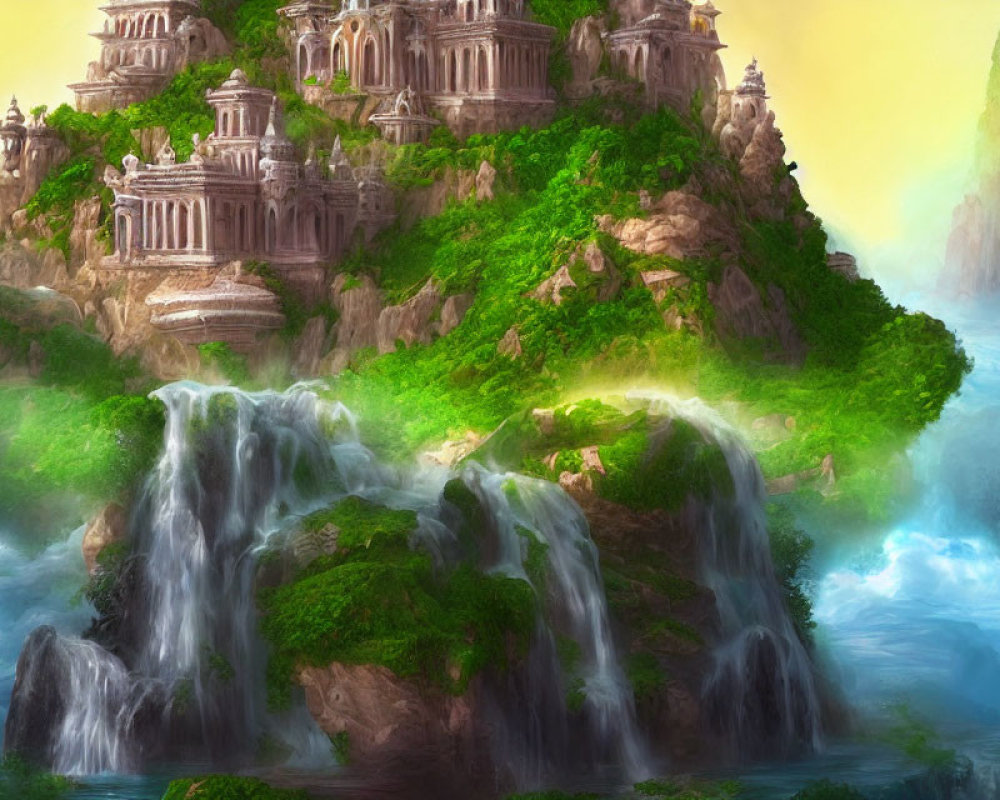 Majestic waterfalls, lush greenery, and ancient temples in misty landscape