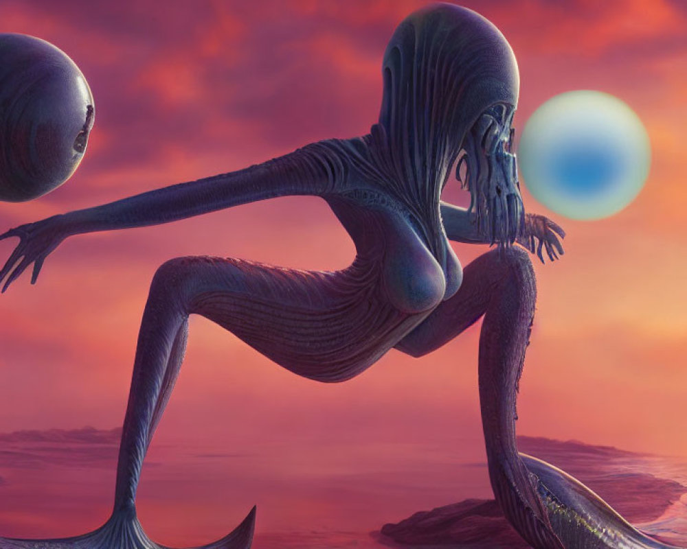 Elongated-limbed humanoid alien on Mars-like landscape with two moons