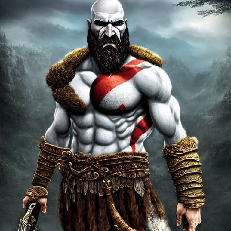 Muscular animated character with beard and red body markings in fur shoulder piece.