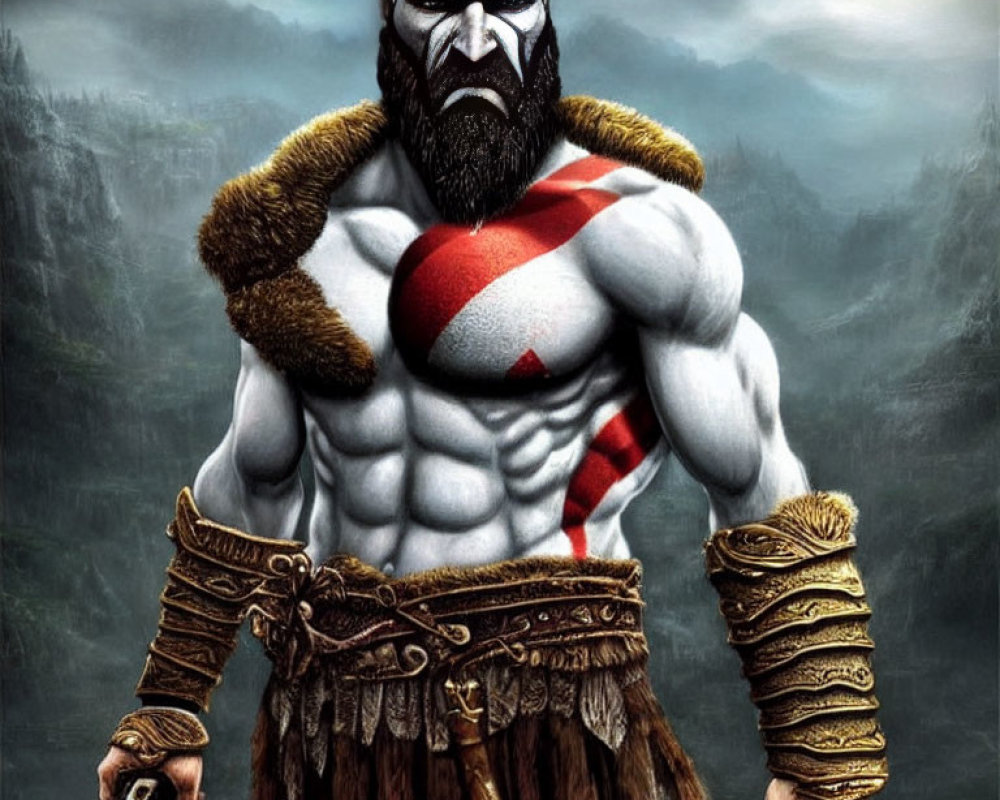 Muscular animated character with beard and red body markings in fur shoulder piece.