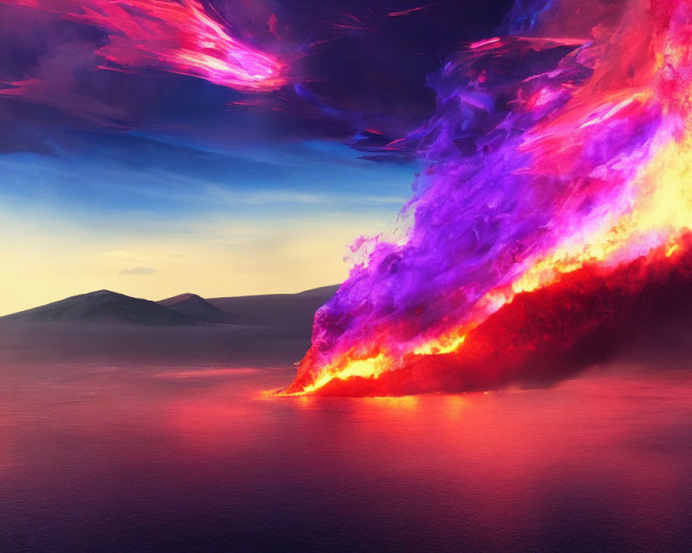 Vibrant purple and orange hues with a fiery dragon in a surreal sunset seascape