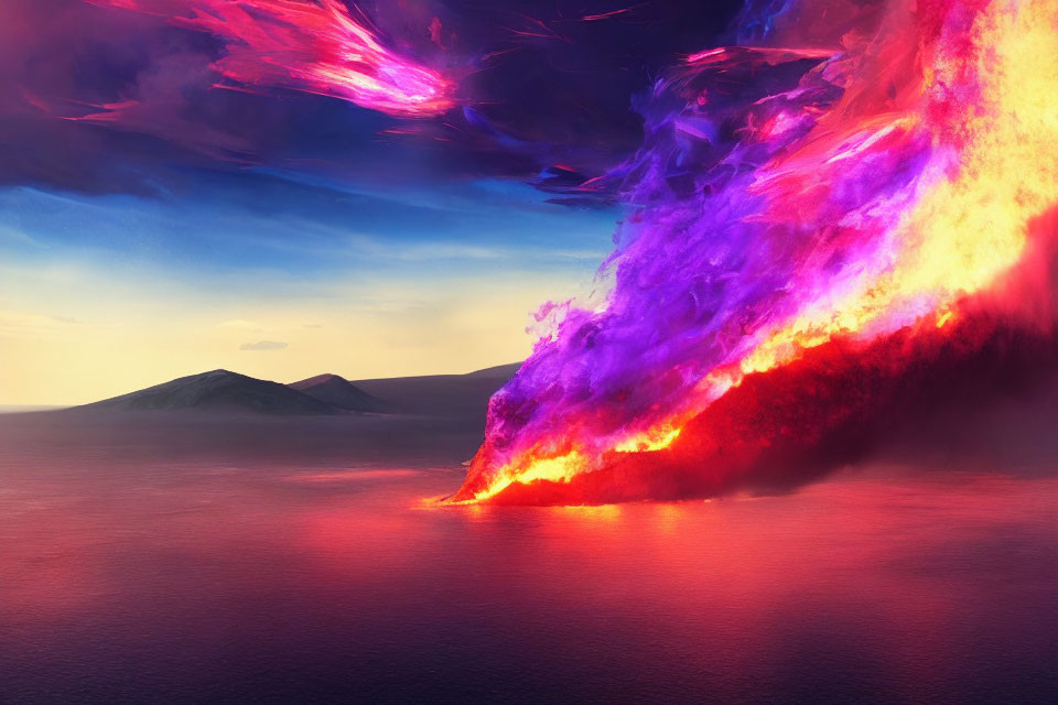 Vibrant purple and orange hues with a fiery dragon in a surreal sunset seascape