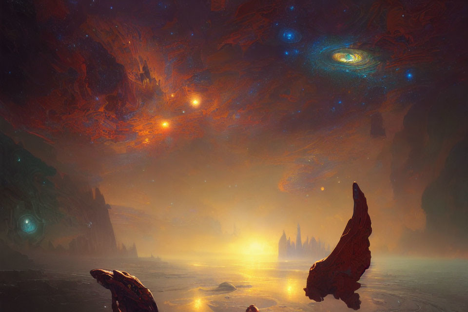 Majestic alien landscape with radiant sunset and cosmic sky