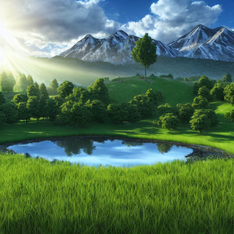 Tranquil landscape with pond, tree, and mountains at sunrise