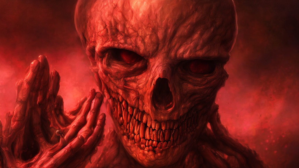 Skull-faced creature with sharp teeth in fiery red aura.