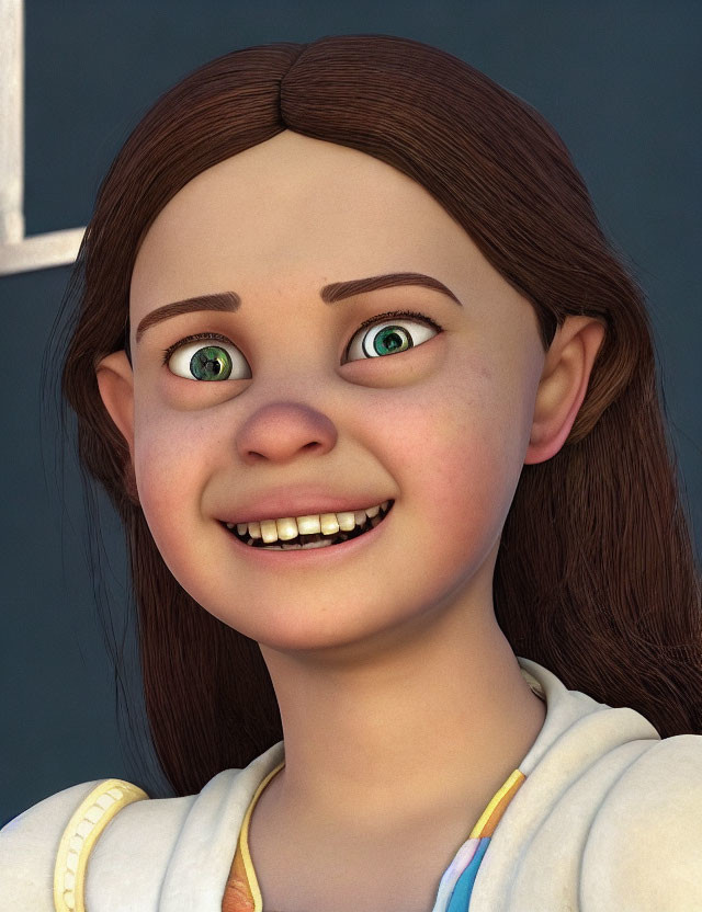 Smiling girl with green eyes and brown pigtails in 3D render