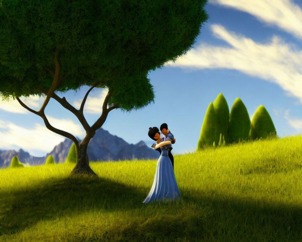 Animated characters embrace under vibrant meadow tree