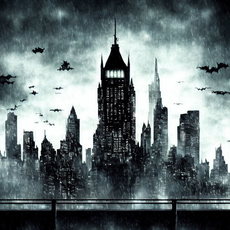 Monochromatic Gotham Cityscape with Silhouetted Bats