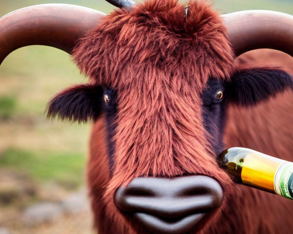 Shaggy highland cow with long horns holding a bottle.