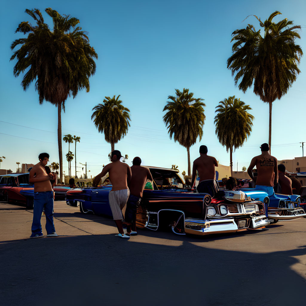 Group of People Enjoying Classic Lowrider Cars Under Palm Trees