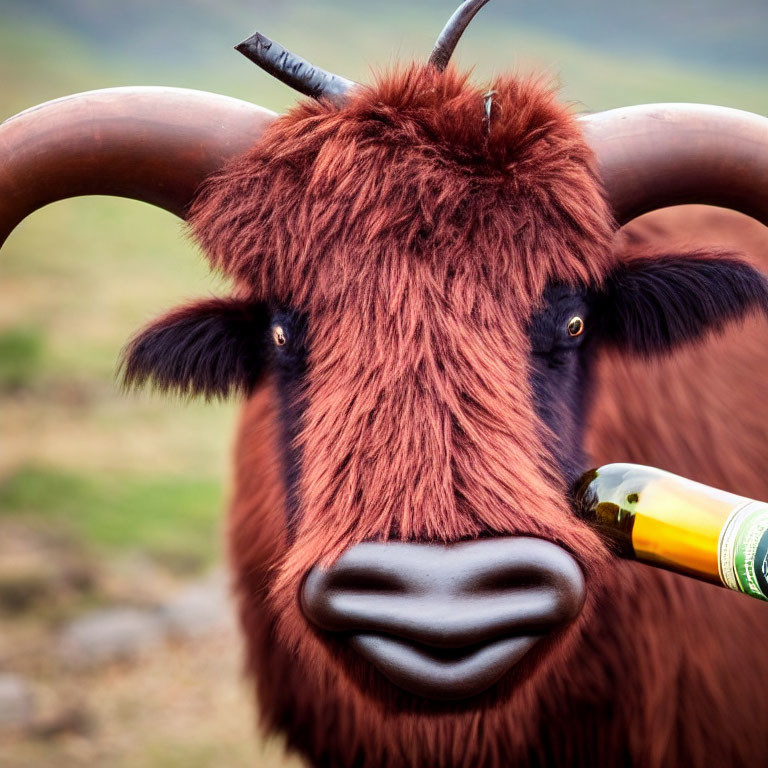 Shaggy highland cow with long horns holding a bottle.