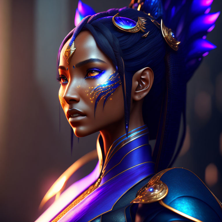 Blue-skinned woman in golden armor and headpieces with purple feathers